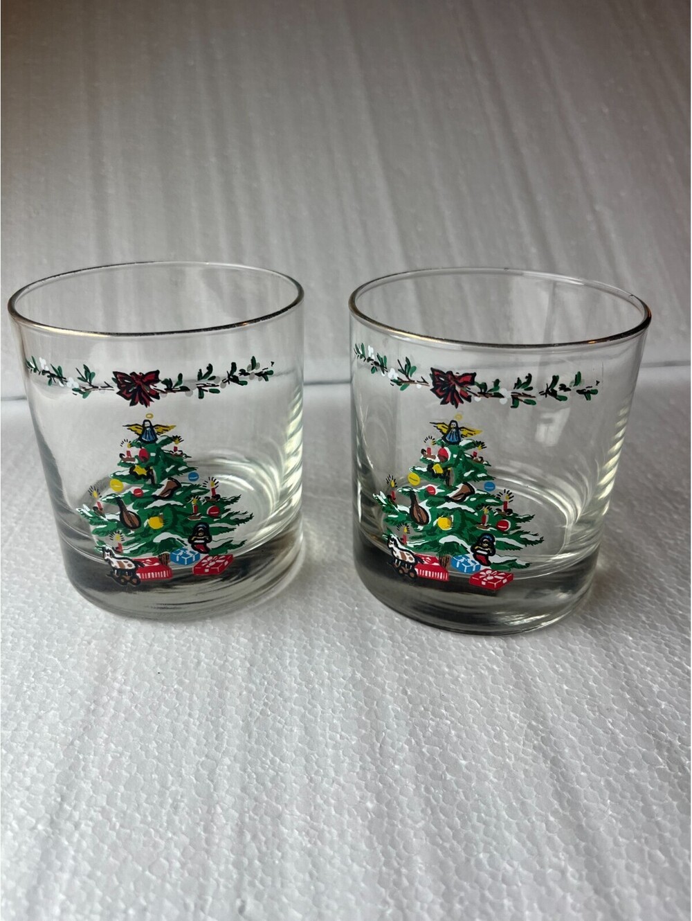 Set of 2 Christmas Tree Rocks Glasses Silver Rim Vintage Holiday Barware Tumbler